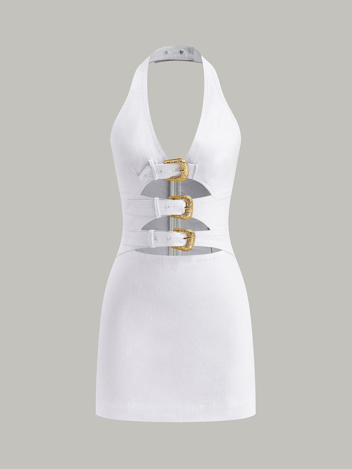 Halter-Neck-Schnallen-Denim-Kleid