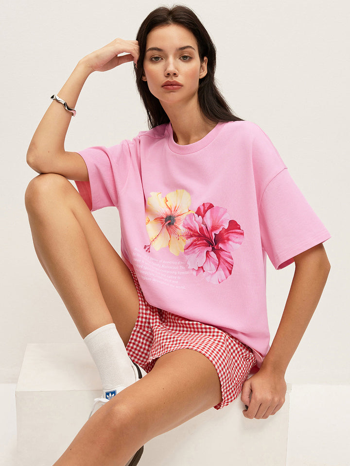 Baumwoll-T-Shirt mit Blumendruck und Oversized-Schnitt