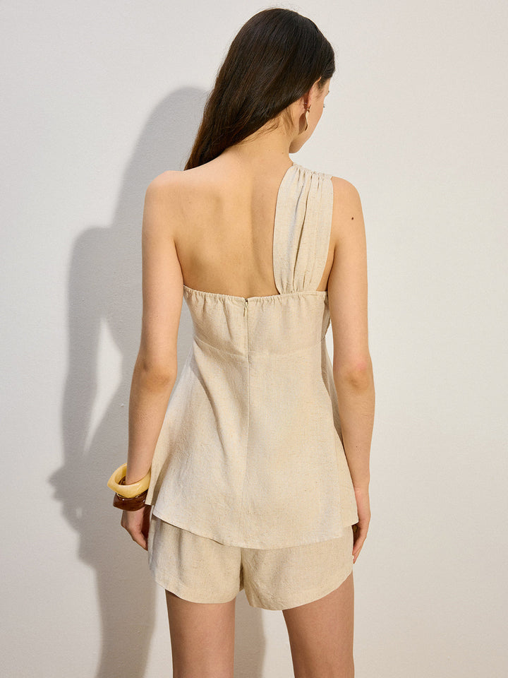 One-Shoulder Leinen- & Baumwoll-Shorts-Set