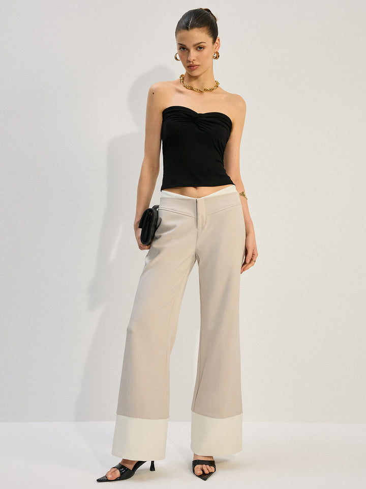 Hose mit weitem Bein und tiefem Bund mit Colorblock-Saum