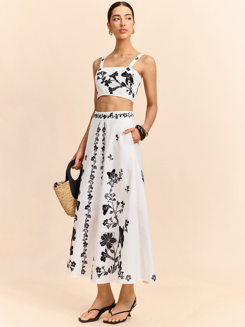 Floral Embroidered Crop Top and Midi Skirt Set