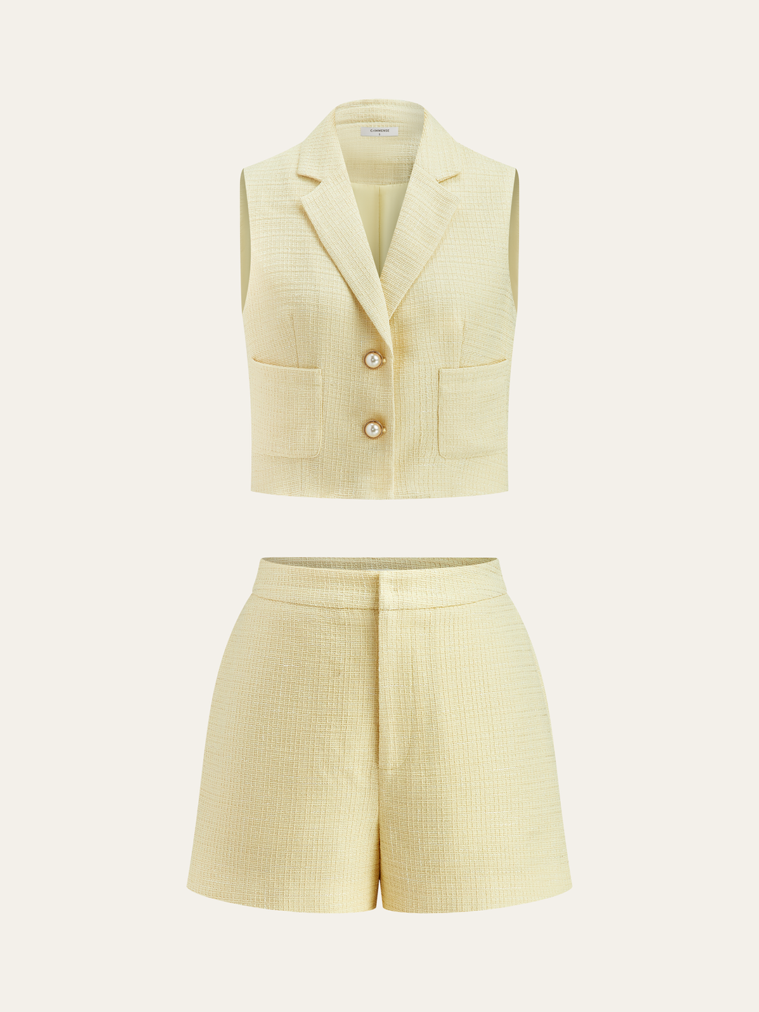 Perlknopfiger Tweed-Weste und Shorts-Set