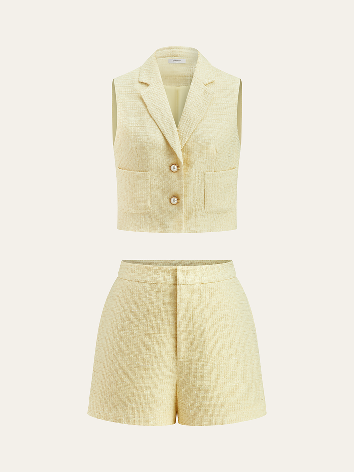 Perlknopfiger Tweed-Weste und Shorts-Set
