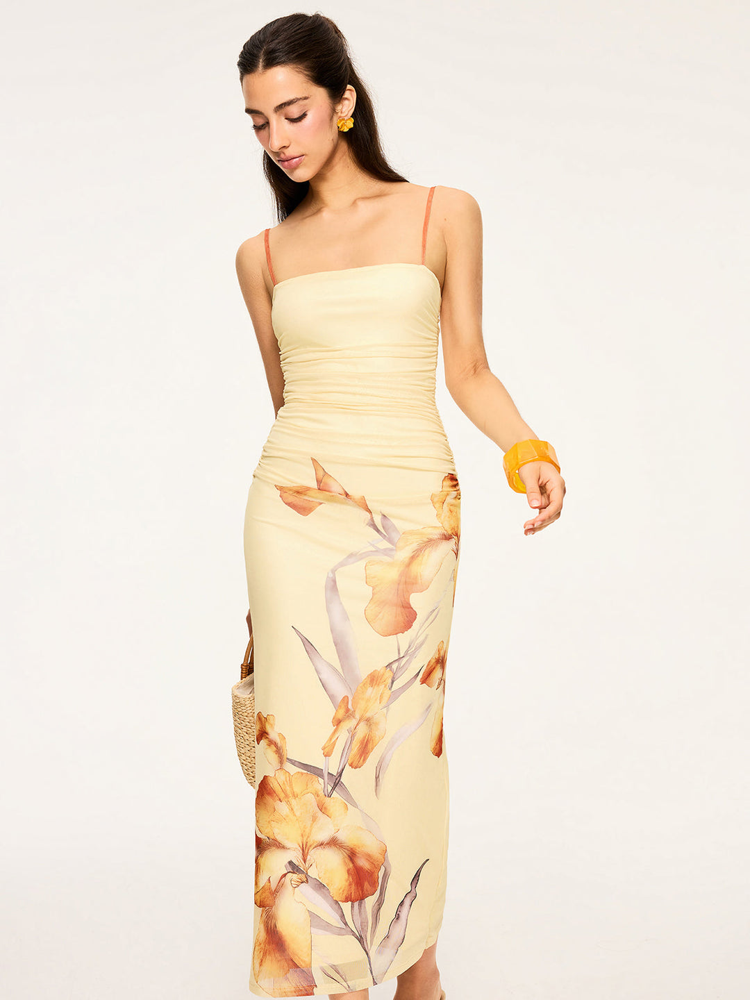 Geblümtes Raff-Maxikleid