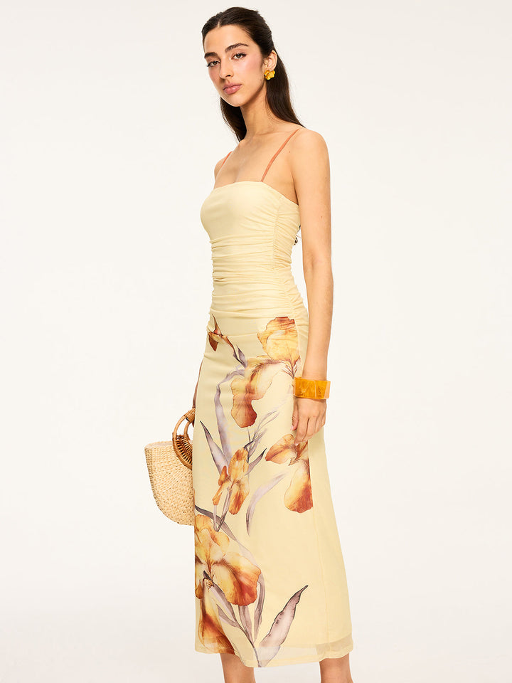Geblümtes Raff-Maxikleid