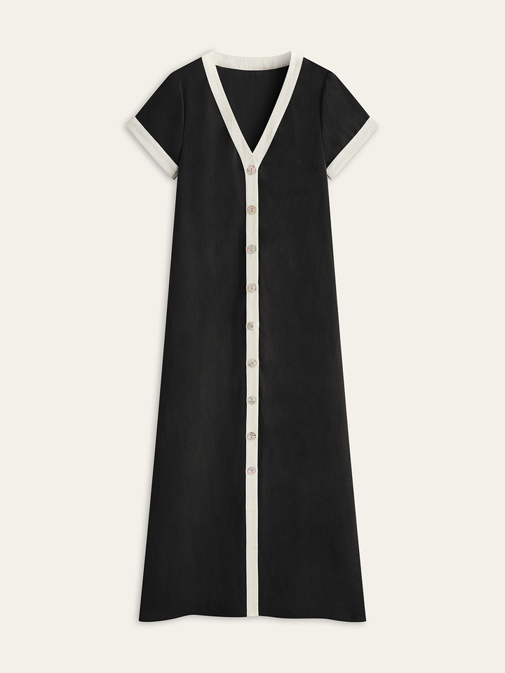Kleid mit hohem Schlitz und Kontrastband aus Baumwolle und Leinen