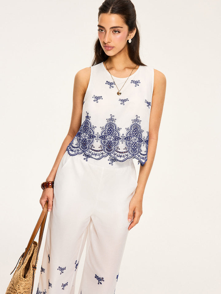 Besticktes Crop-Top und Hose mit weitem Bein Set