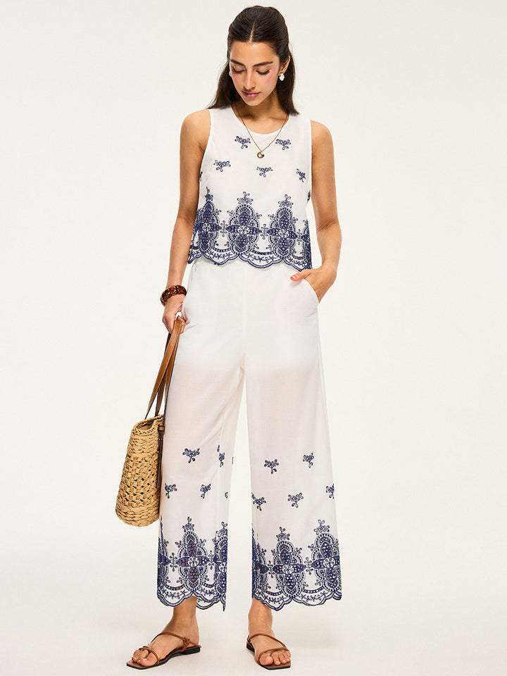 Besticktes Crop-Top und Hose mit weitem Bein Set