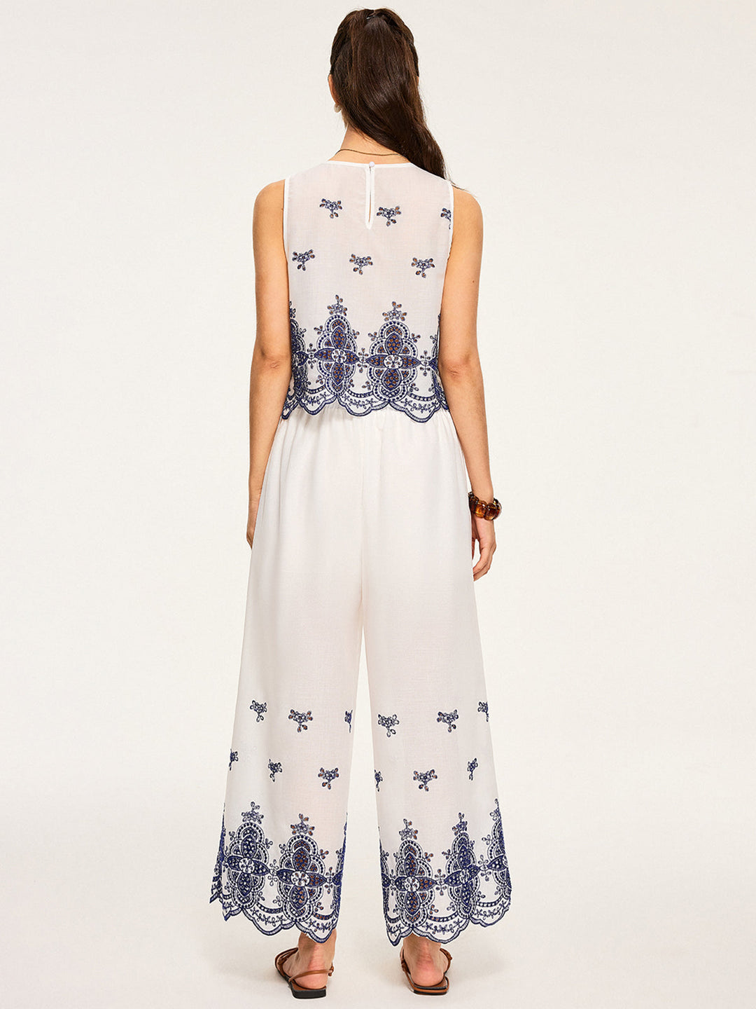 Besticktes Crop-Top und Hose mit weitem Bein Set