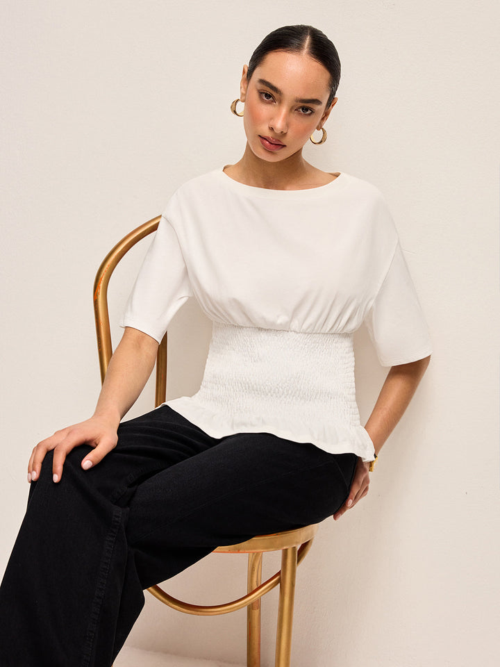Baumwoll-T-Shirt mit gerüschtem Saum und geraffter Taille