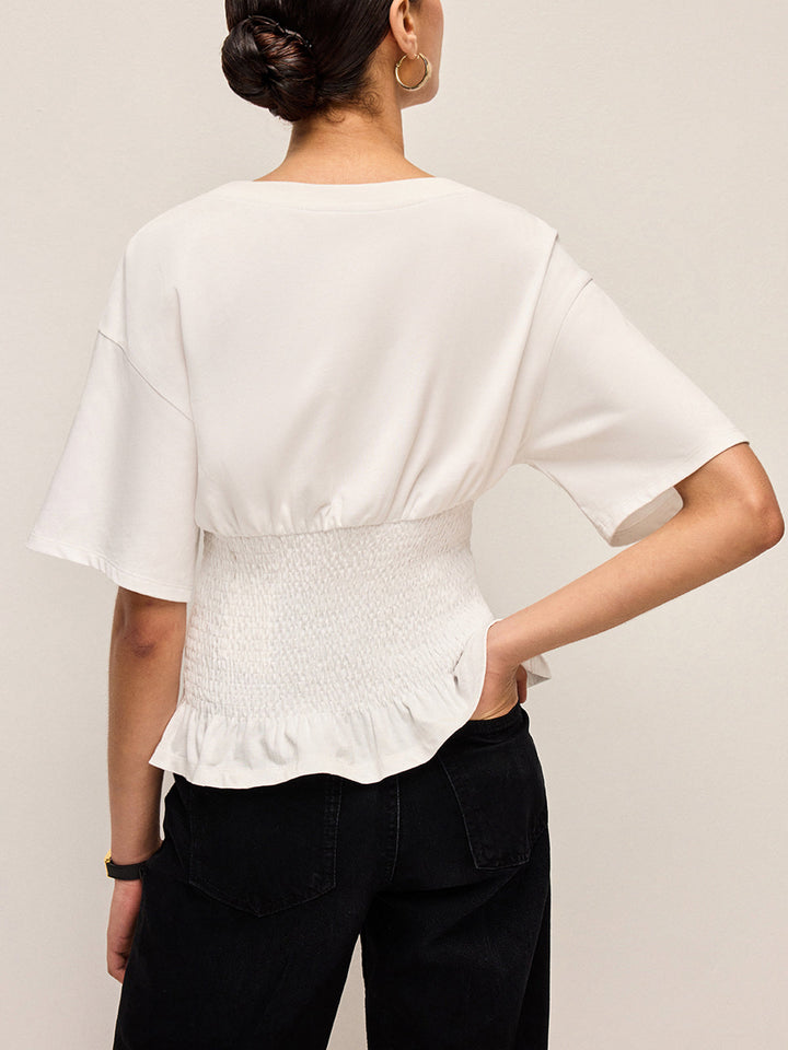 Baumwoll-T-Shirt mit gerüschtem Saum und geraffter Taille