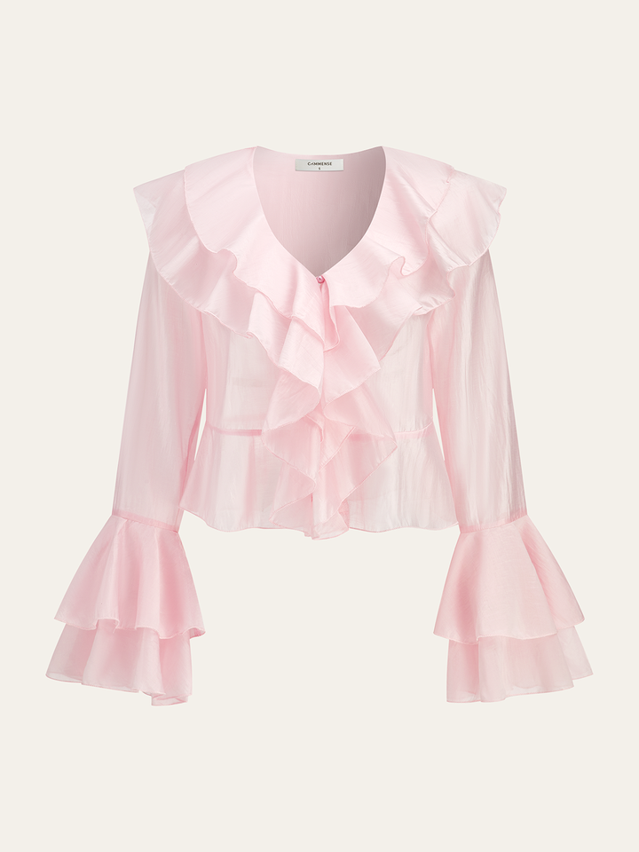 Ruffled V-Neck Bell-Sleeve Top