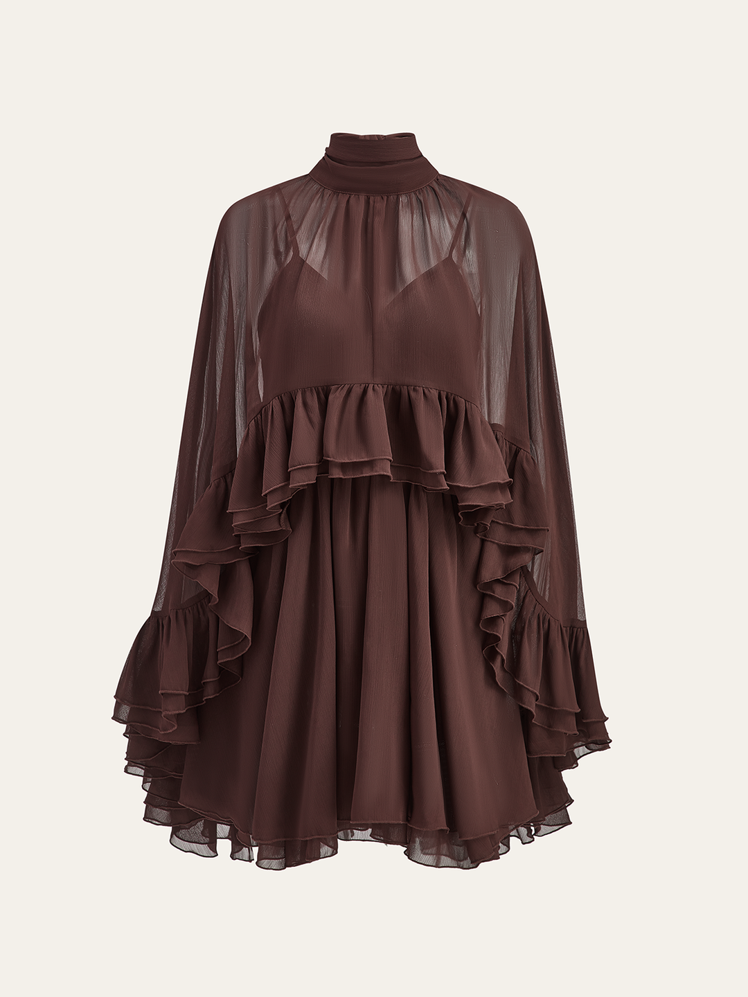 Halbdurchsichtiges Chiffon-Rüschenkleid mit Außencape