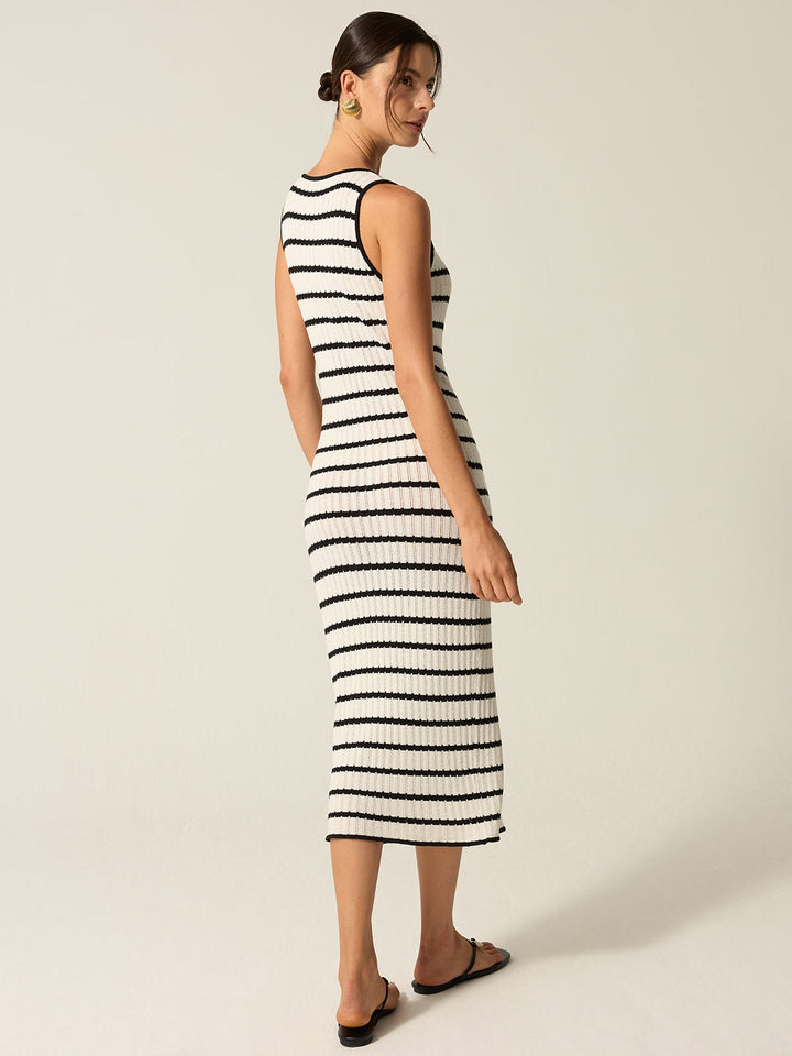 Gestreifte Strick-Midikleid mit Knopfleiste vorne und Schlitzdetail