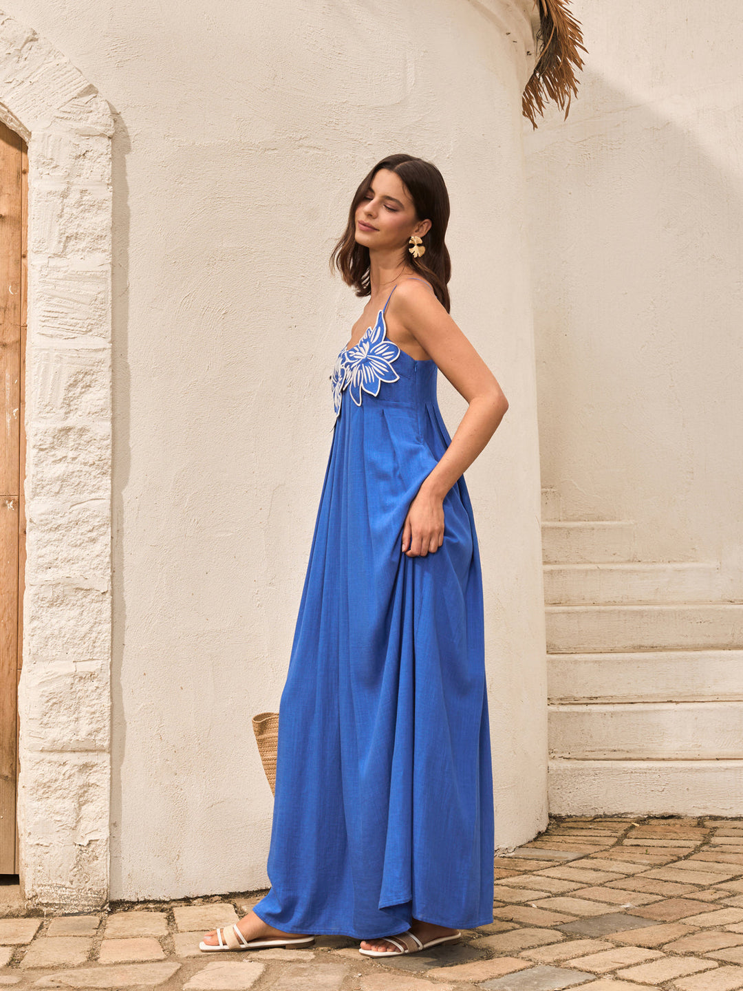 Geblümtes Cami-Kleid aus Baumwolle und Leinen mit Taschen