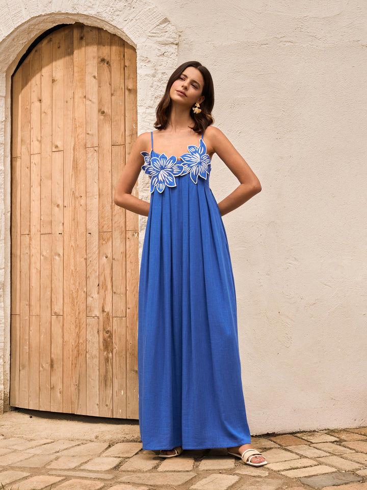 Geblümtes Cami-Kleid aus Baumwolle und Leinen mit Taschen