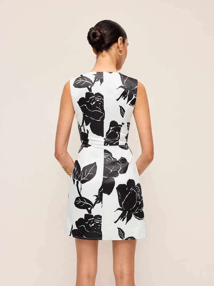 Blumen-V-Ausschnitt-Ärmelloses-Kleid