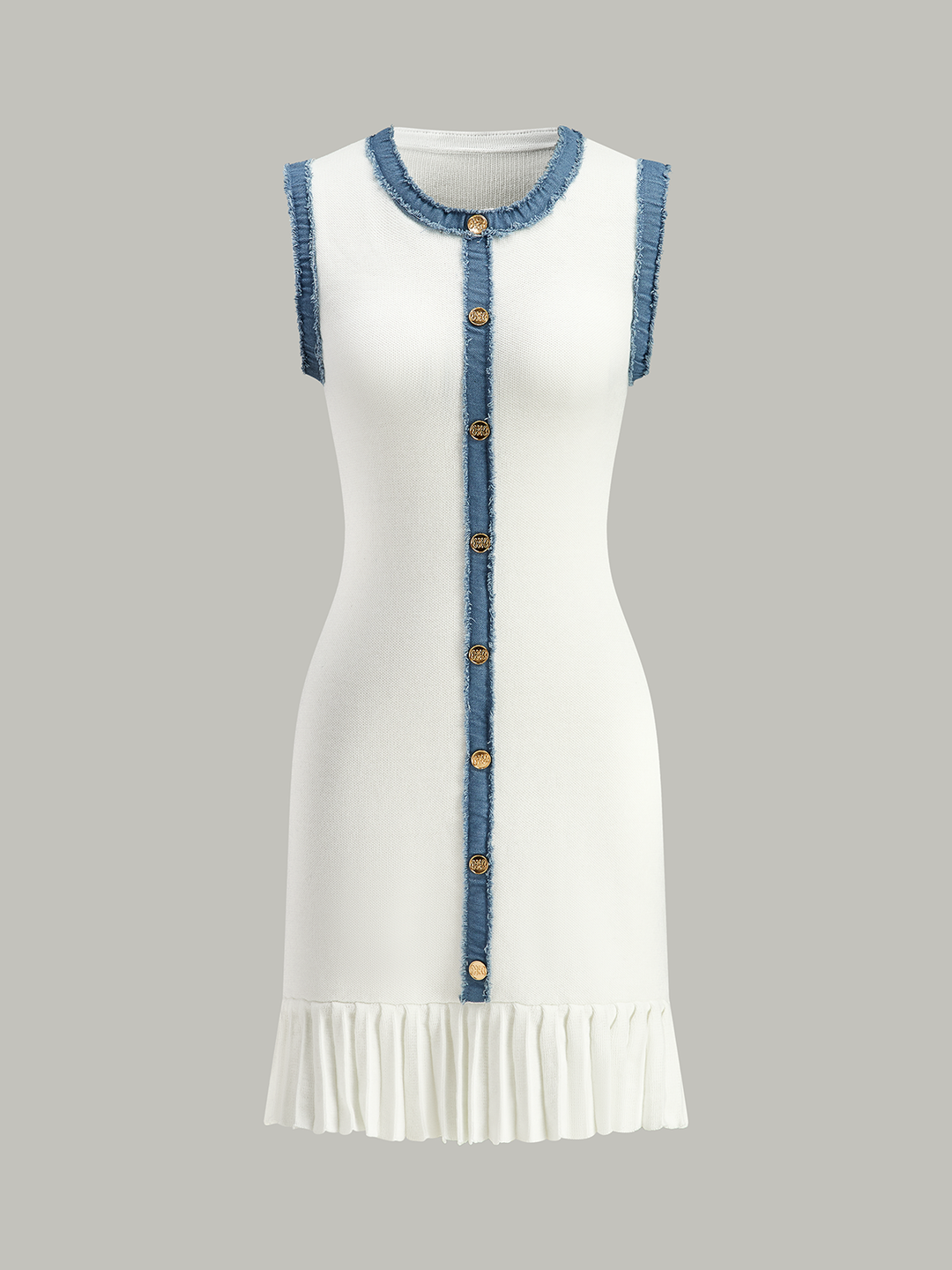 Denim Trim Button-Front Ruffle Hem Midi Kleid