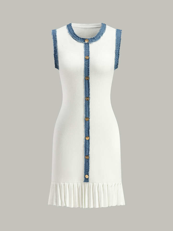 Denim Trim Button-Front Ruffle Hem Midi Kleid