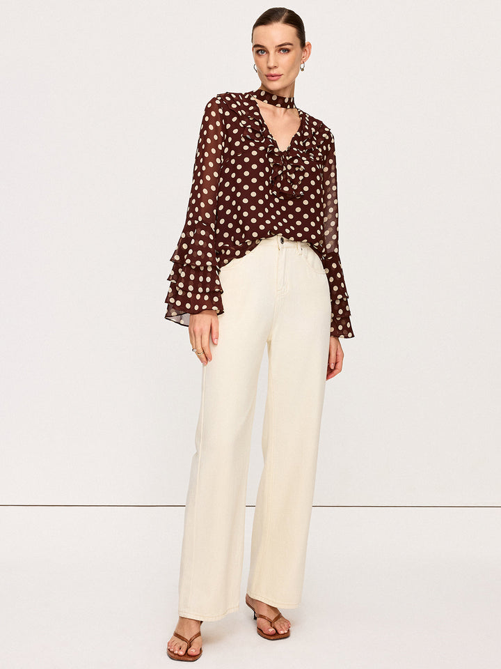Polka Dot Glockenärmel Chiffonbluse