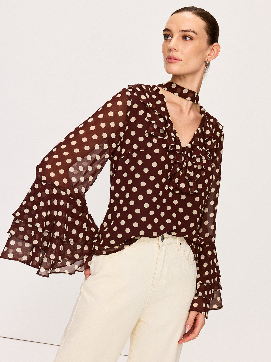 Polka Dot Glockenärmel Chiffonbluse