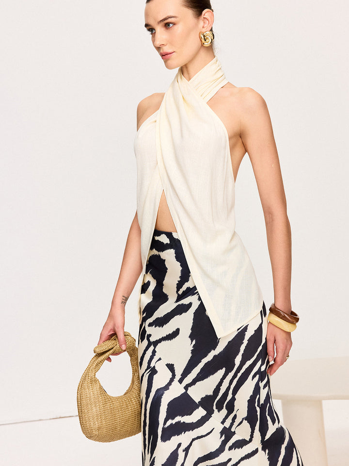 Cross-Halter Neck Wrap Top mit Knopfdetails