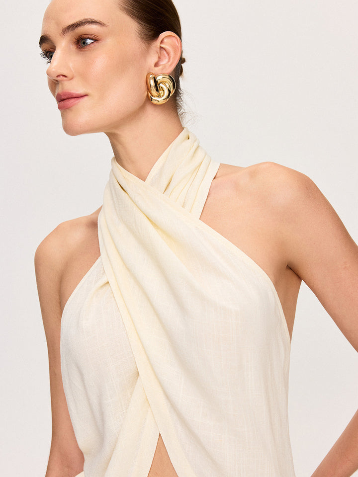 Cross-Halter Neck Wrap Top mit Knopfdetails