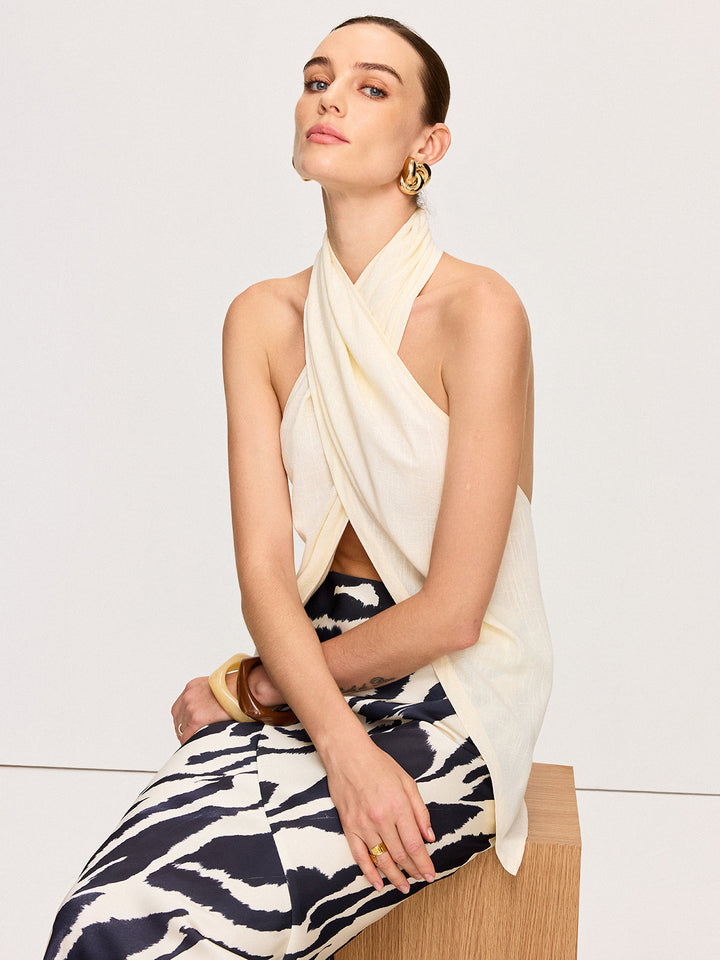 Cross-Halter Neck Wrap Top mit Knopfdetails