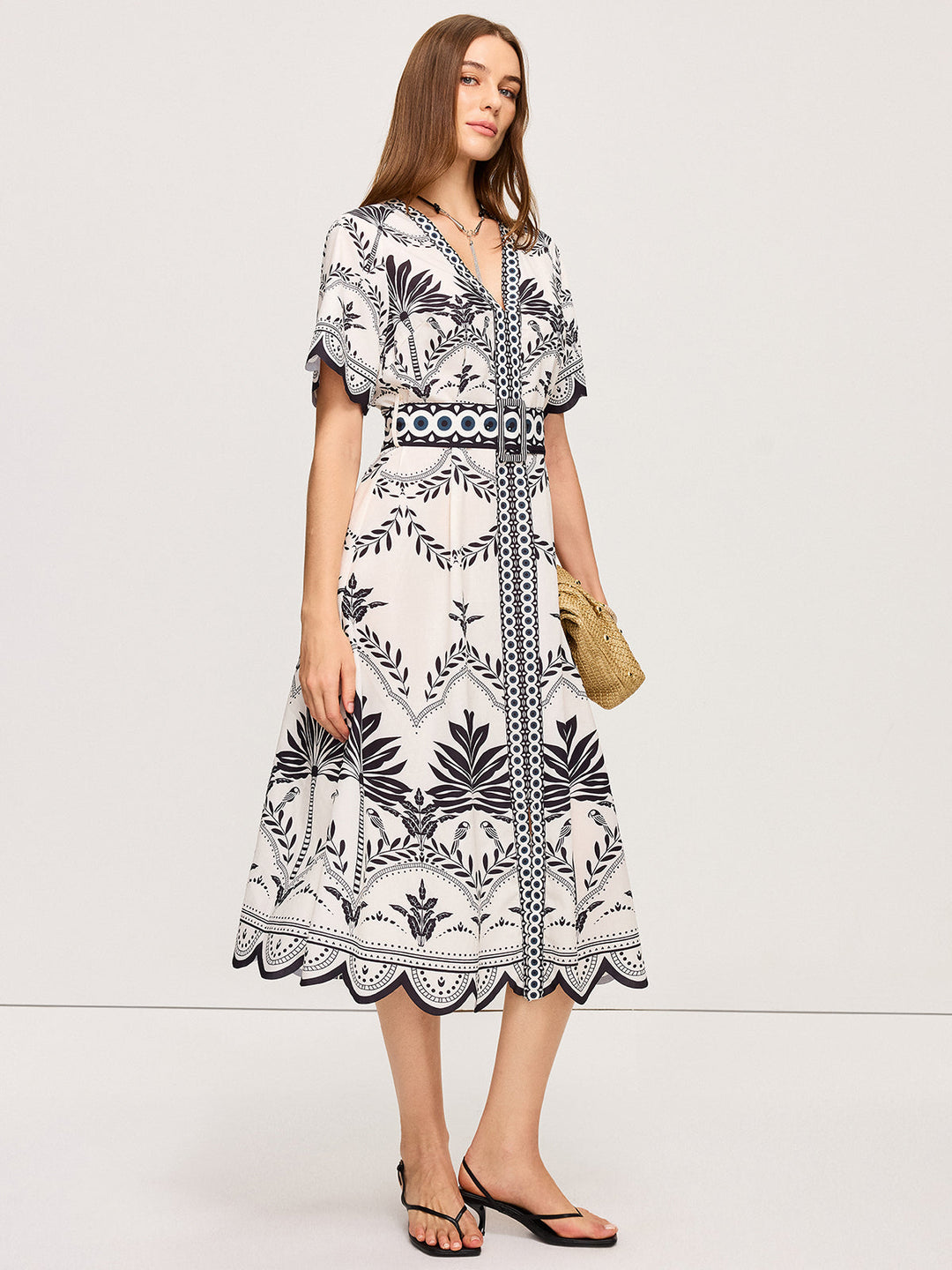 Boho Blumen V-Ausschnitt Midi Kleid