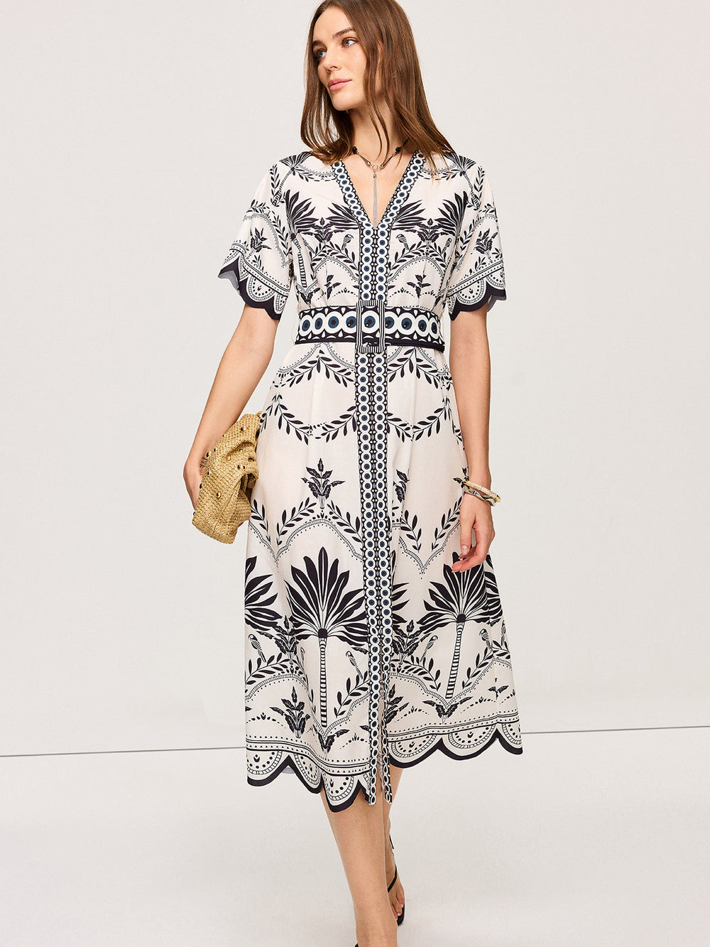 Boho Blumen V-Ausschnitt Midi Kleid