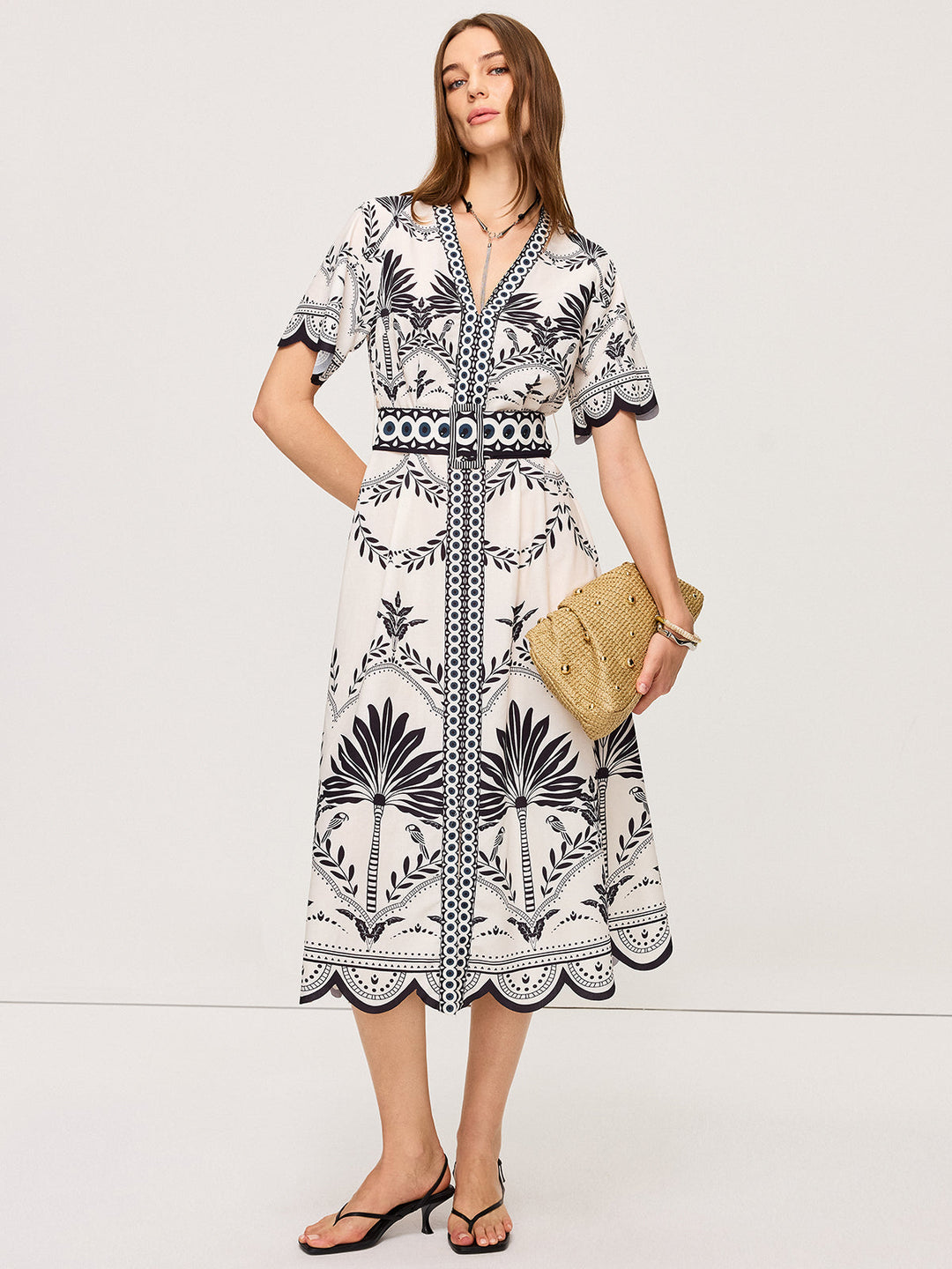 Boho Blumen V-Ausschnitt Midi Kleid