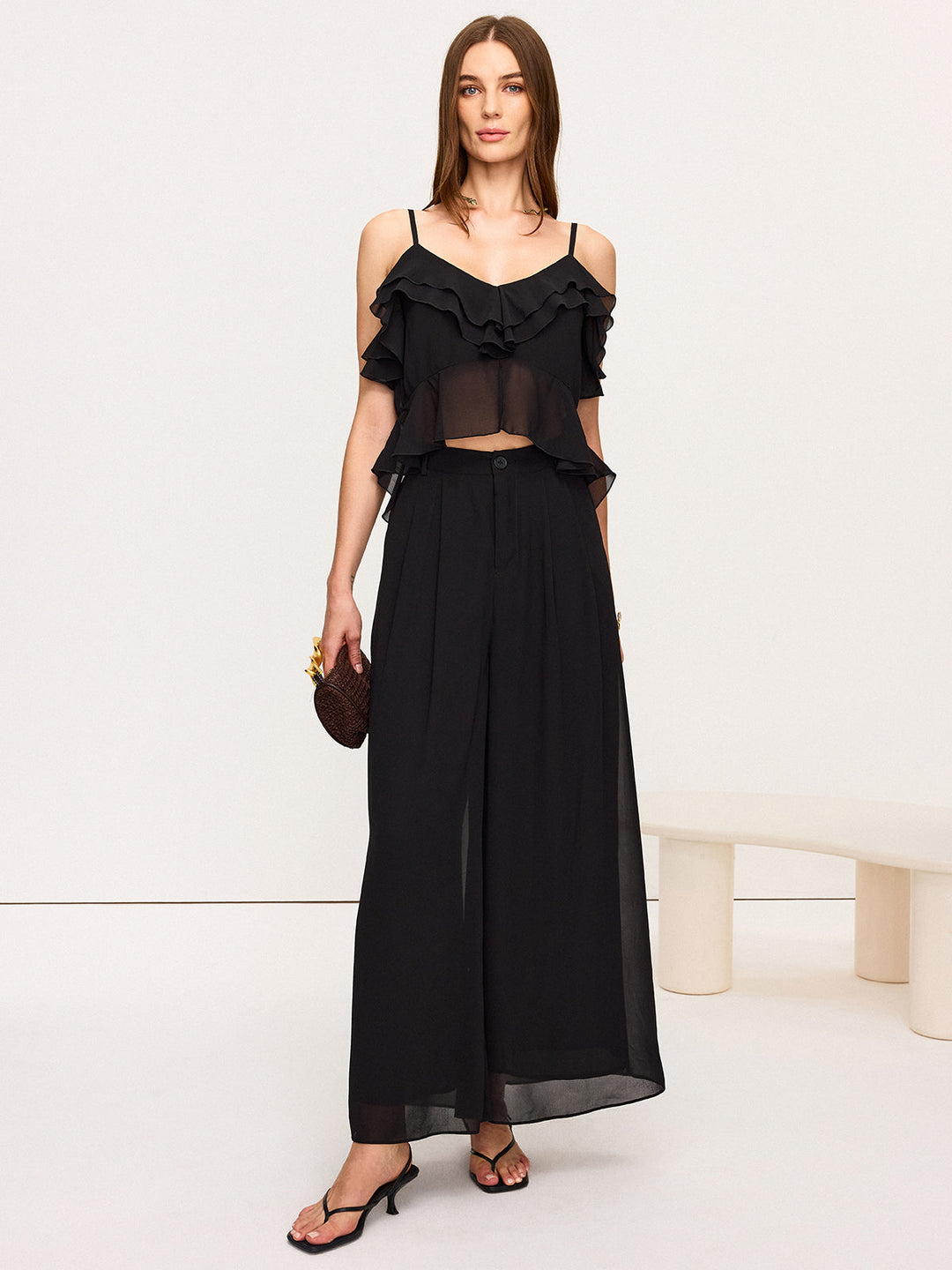Chiffon Rüschen-Oberteil und Marlenehosen-Set