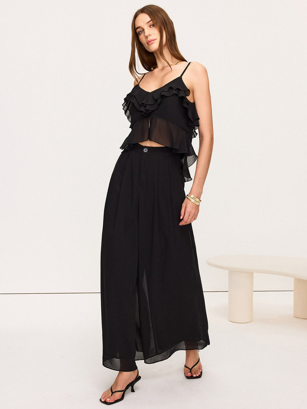 Chiffon Rüschen-Oberteil und Marlenehosen-Set