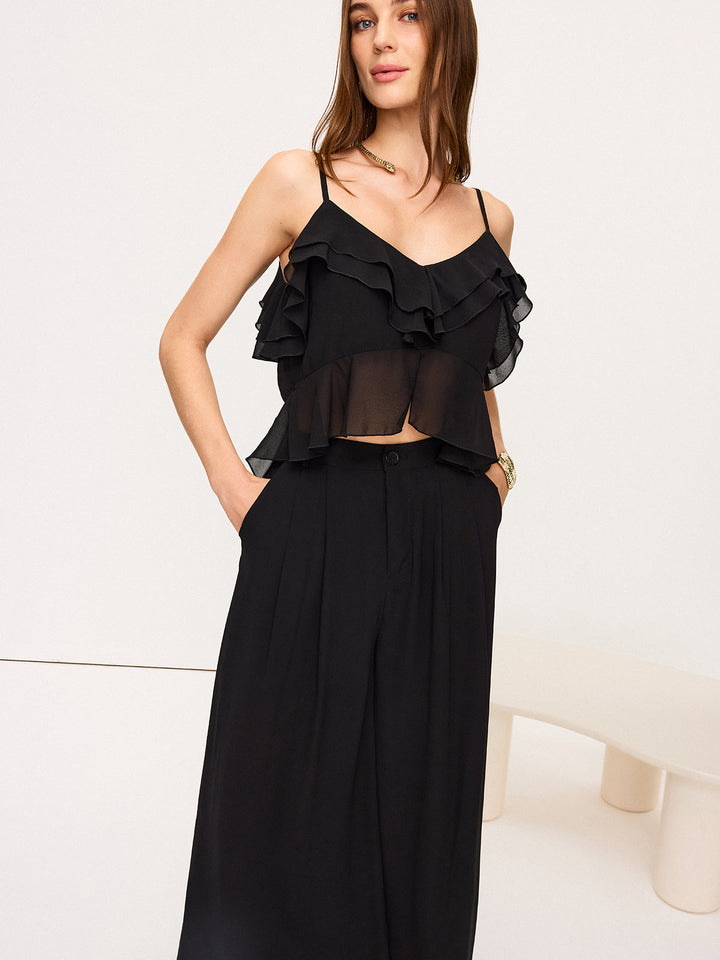 Chiffon Rüschen-Oberteil und Marlenehosen-Set