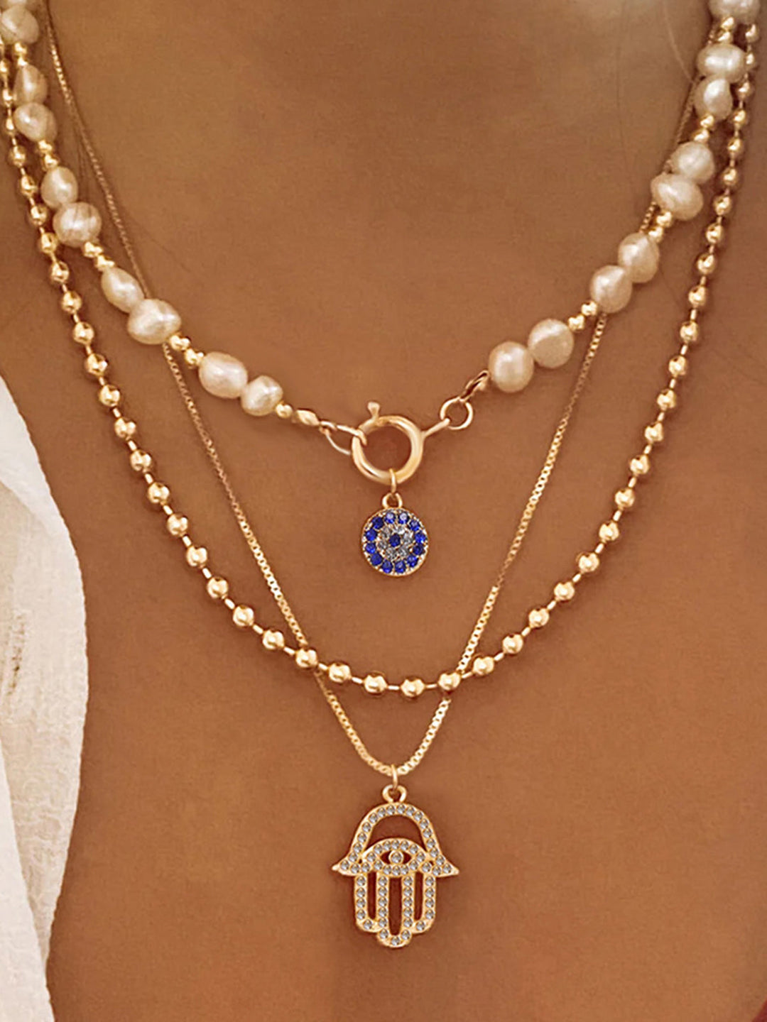 Perle & Hamsa Hand Multi-Layer Halsketten Set