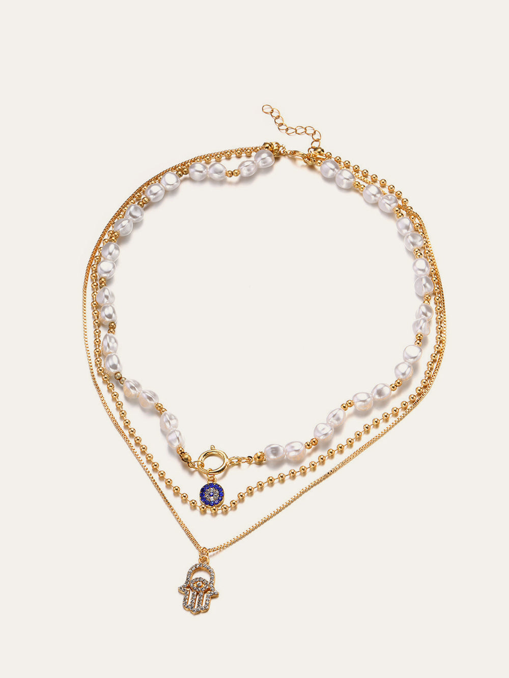 Perle & Hamsa Hand Multi-Layer Halsketten Set