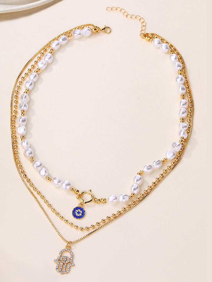 Perle & Hamsa Hand Multi-Layer Halsketten Set