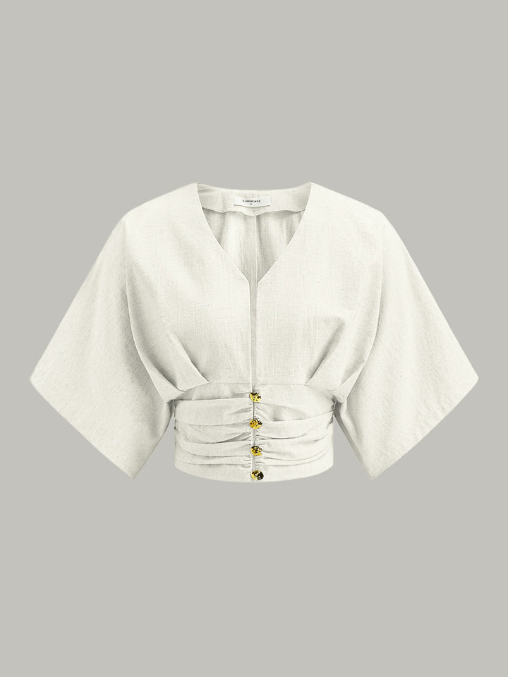 Baumwoll- und Leinen-Kimono-Ärmel-Knopf-Oberteil