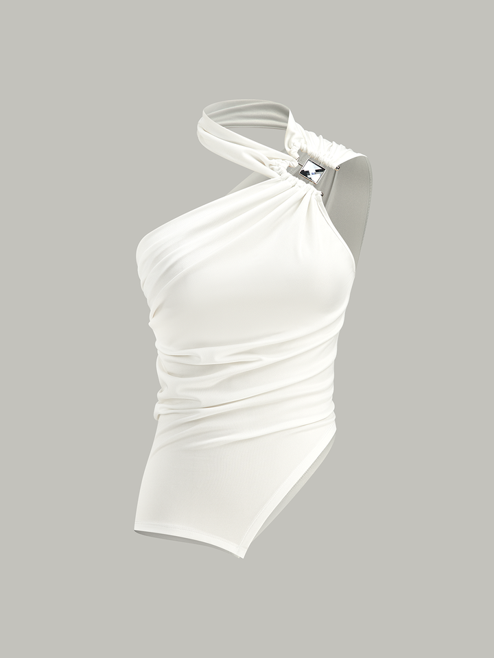 Asymmetrisches Neckholder-Oberteil mit Raffung