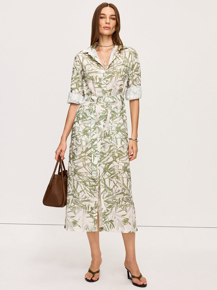 Geblümtes Midikleid mit Gürtel und Schlitzen