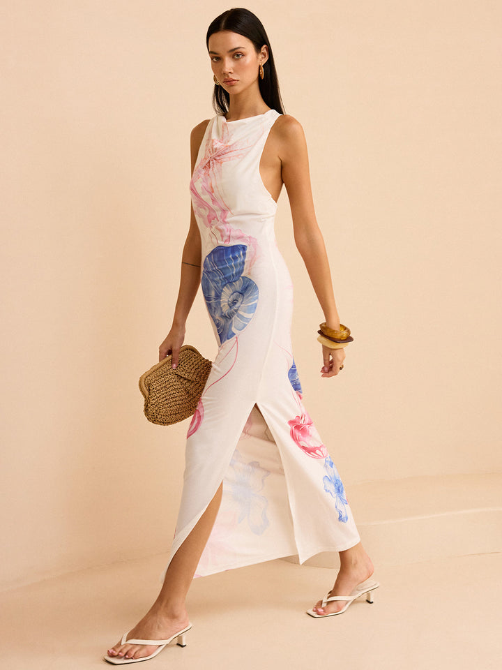 Maxikleid mit Schlitz und Meerjungfrauen-Print