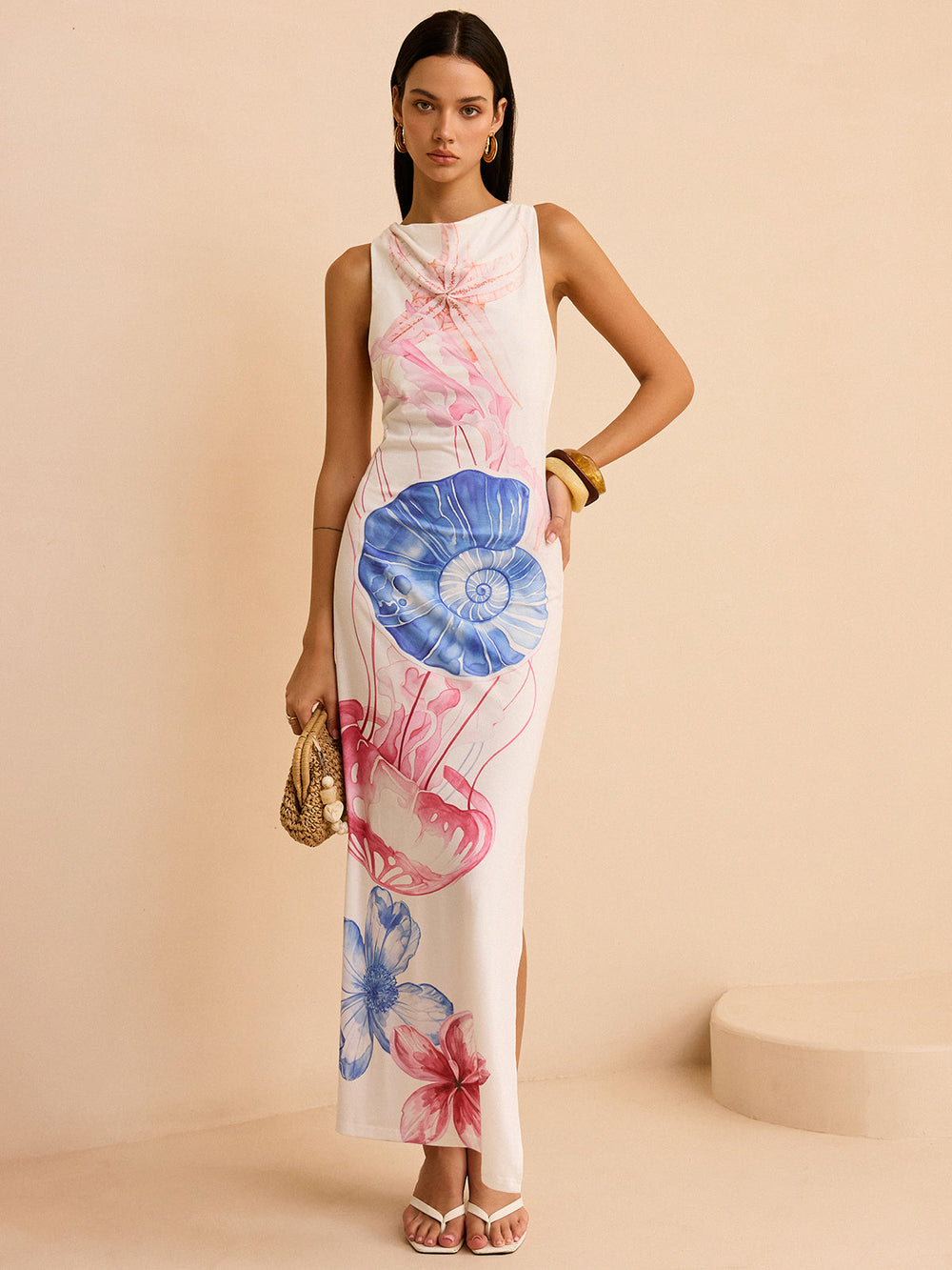 Maxikleid mit Schlitz und Meerjungfrauen-Print