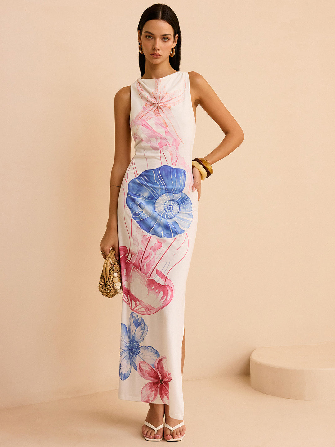 Maxikleid mit Schlitz und Meerjungfrauen-Print
