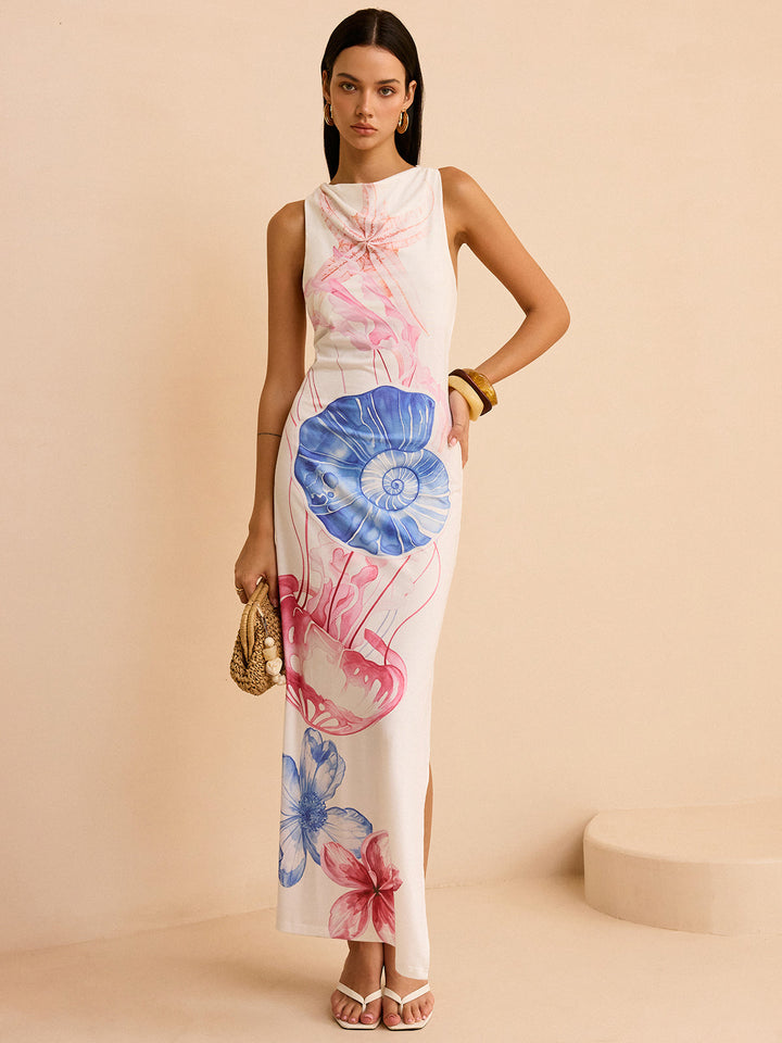 Maxikleid mit Schlitz und Meerjungfrauen-Print