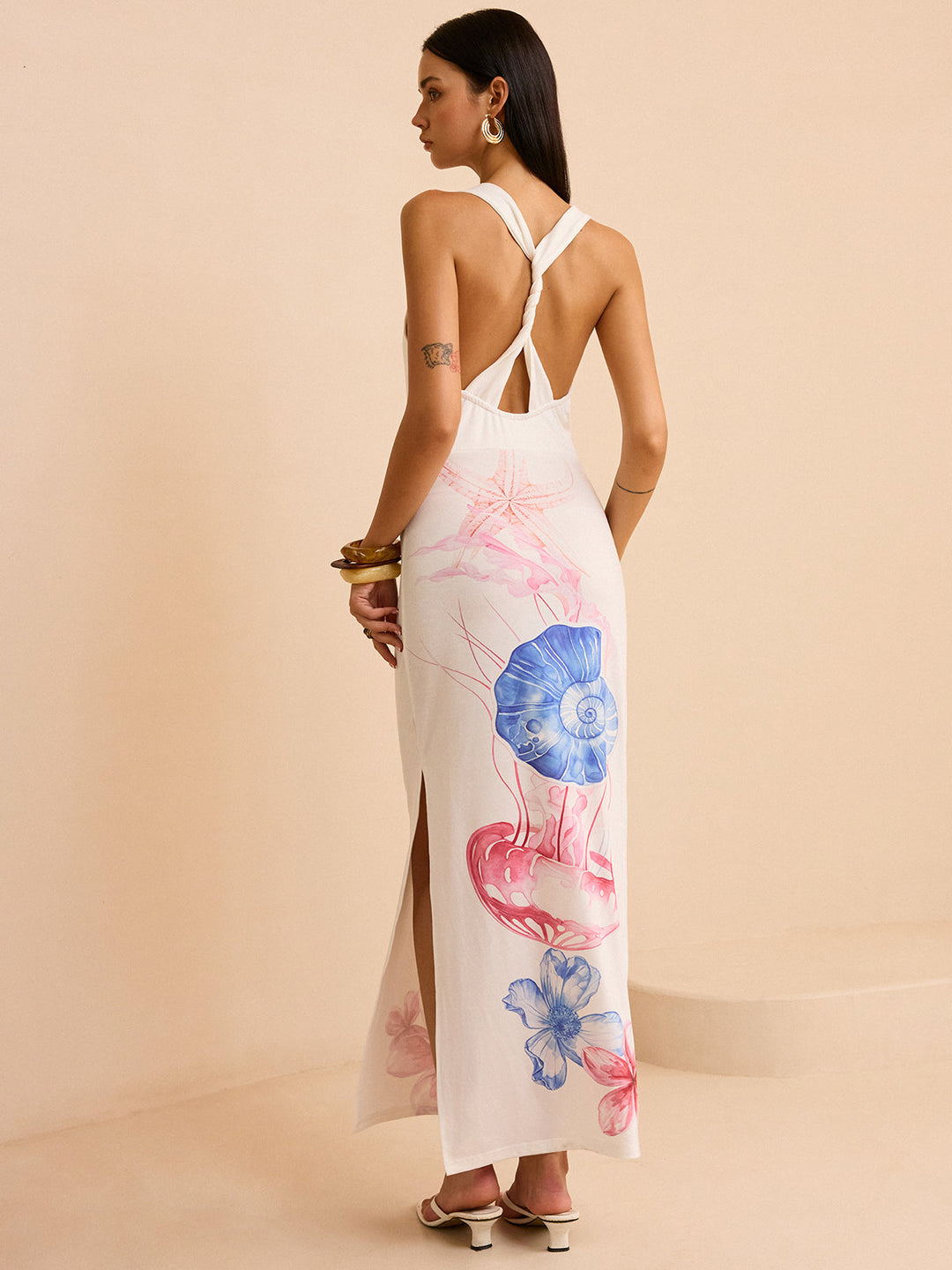 Maxikleid mit Schlitz und Meerjungfrauen-Print