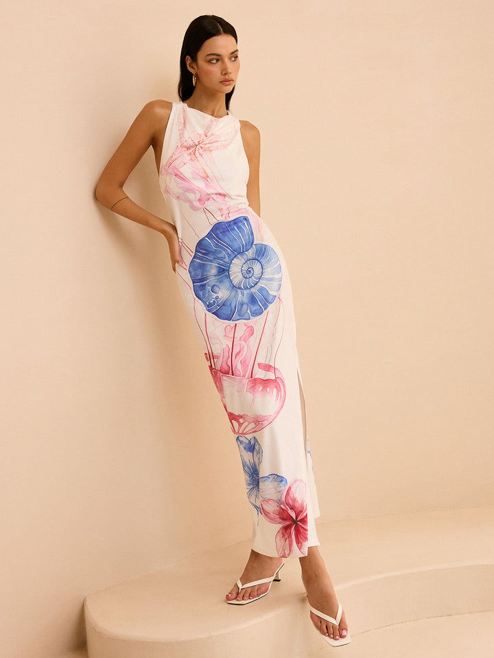 Maxikleid mit Schlitz und Meerjungfrauen-Print