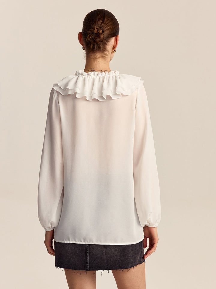 Ruffled V-Neck Chiffon Blouse