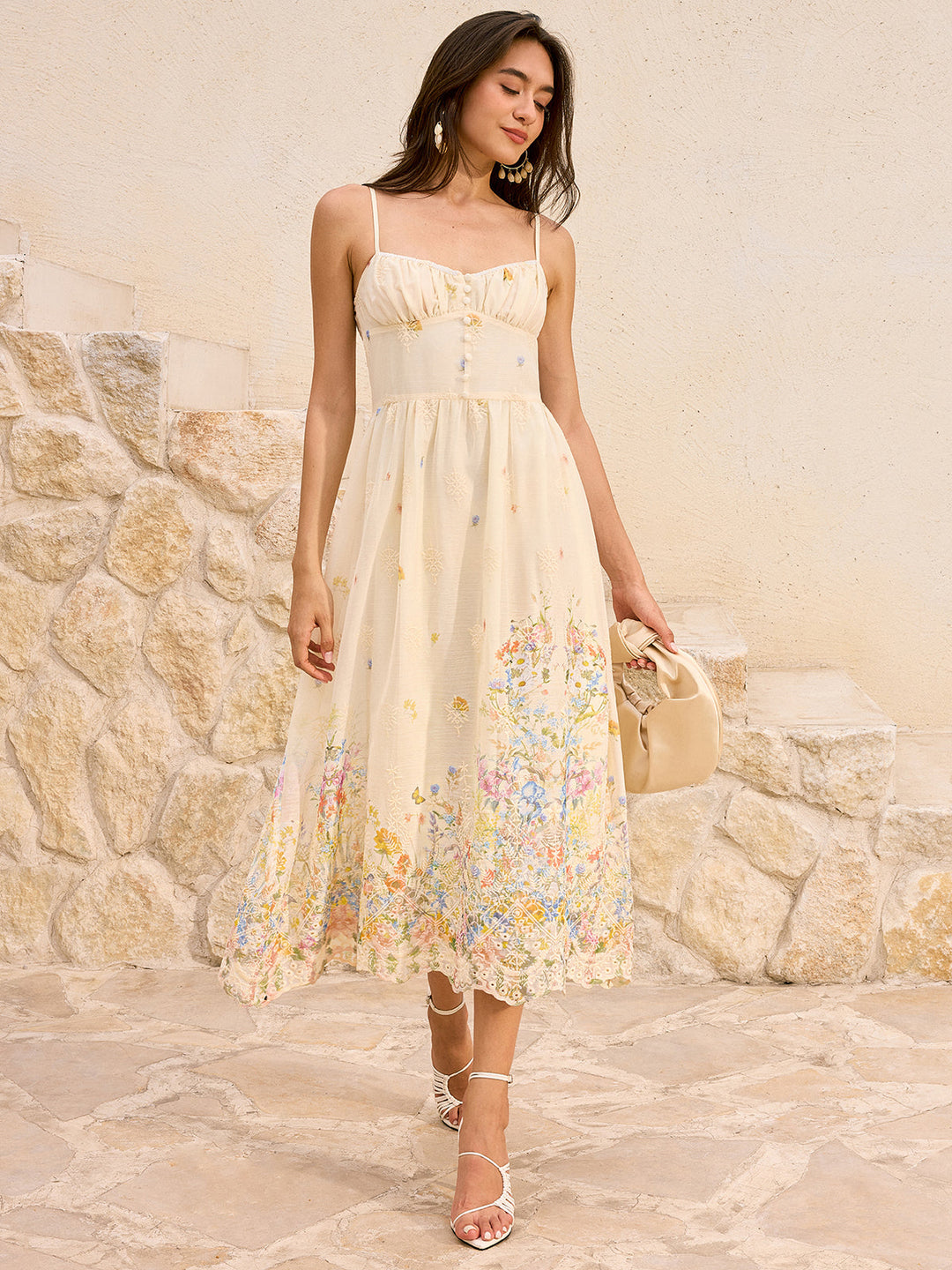 Blumenstickerei Midi-Kleid mit Knöpfen