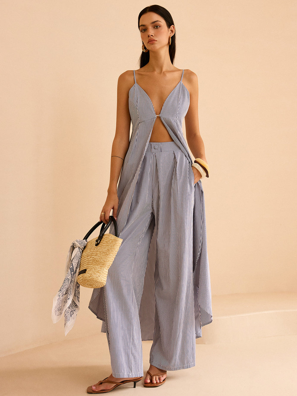 Gestreifte lange Cami-Top und weit geschnittene Hose Set
