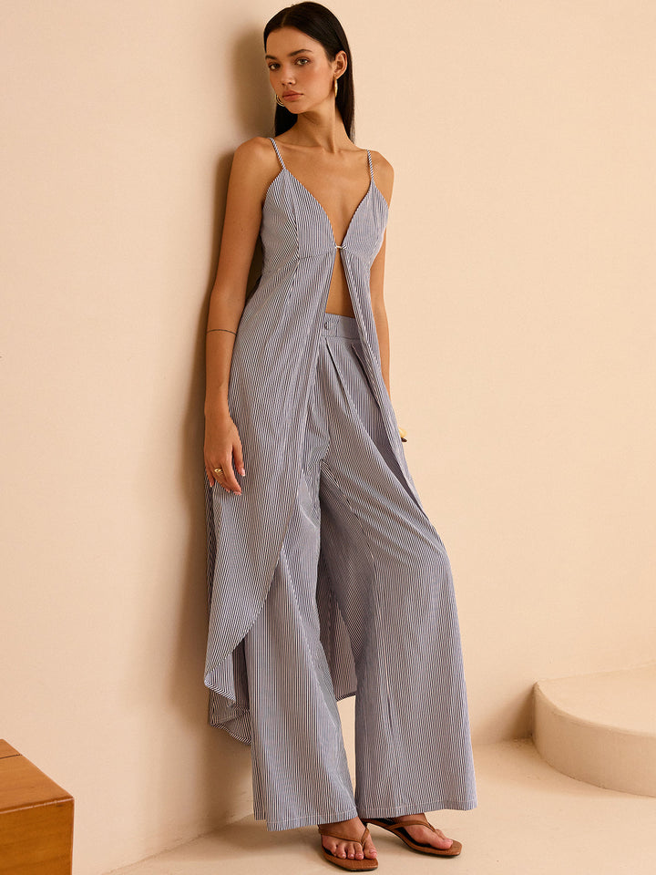Gestreifte lange Cami-Top und weit geschnittene Hose Set